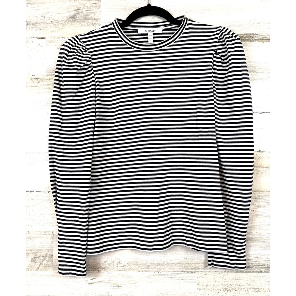 Derek Lam Crosby Womens XS Black White Stripe 100% Cotton Puff Sleeve Blouse